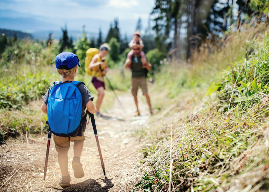 Happy family hiking